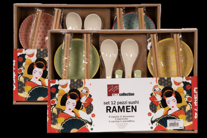 Set Sushi Ramen 12 Pezzi in Ceramica e Bamboo – Kit Completo Cucina Giapponese