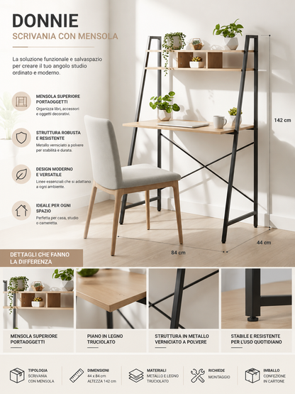 Scrivania con Mensola Donnie – Metallo e Legno – 44×84×H 142 cm