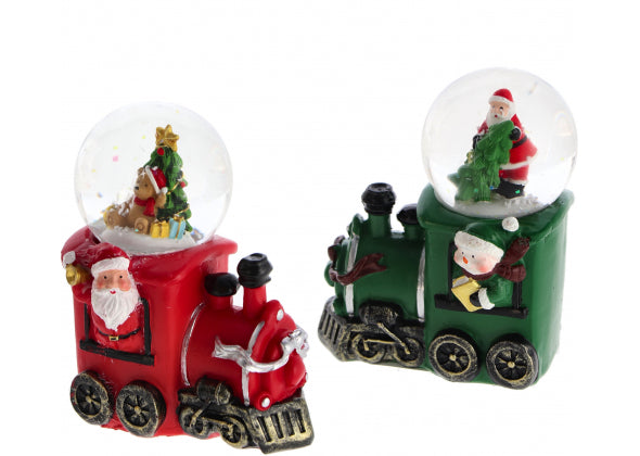 2 Palla di neve di Natale con base a forma di locomotiva. Sfondo bianco, locomotive rossa e una verde.