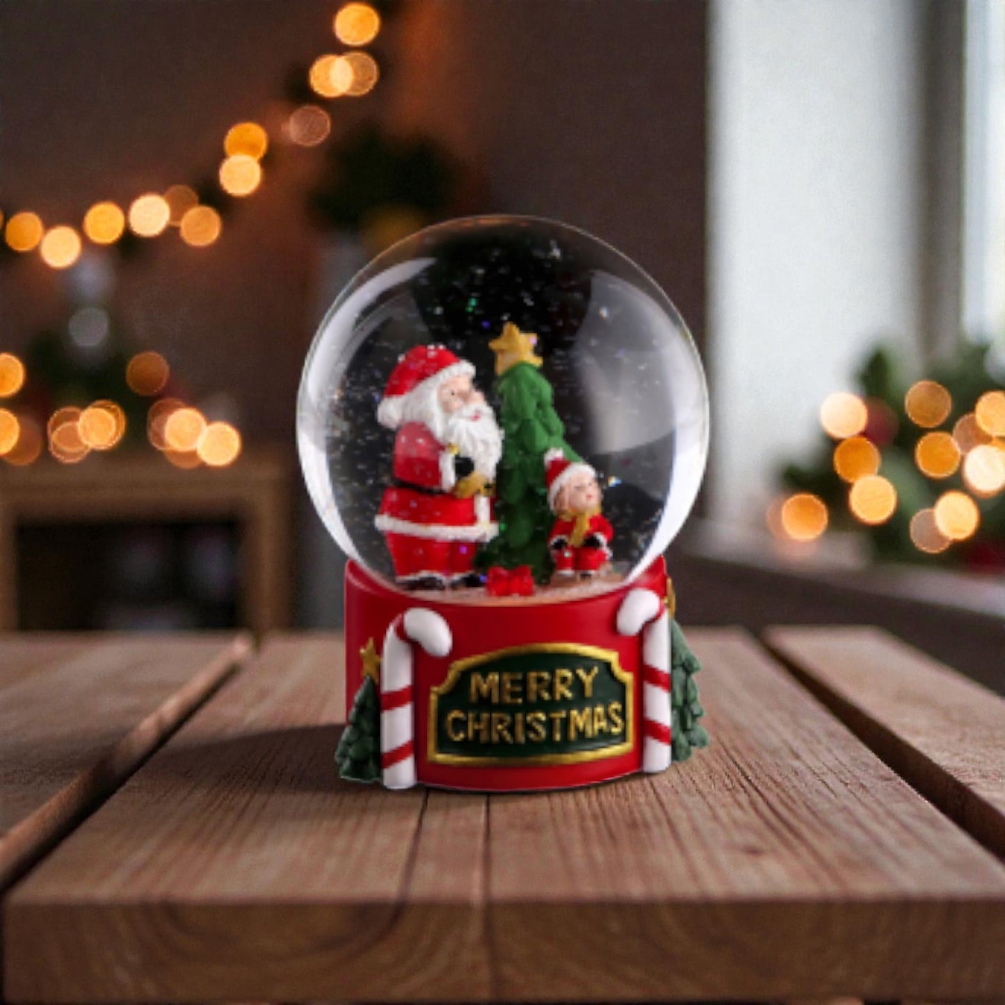 Palla di neve con babbo natale e base in resina, ambientata in una casa accogliente.