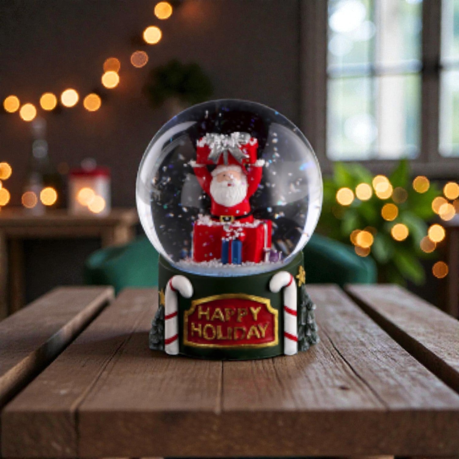 Palla di neve con babbo natale e base in resina a LED, ambientata in una casa accogliente.