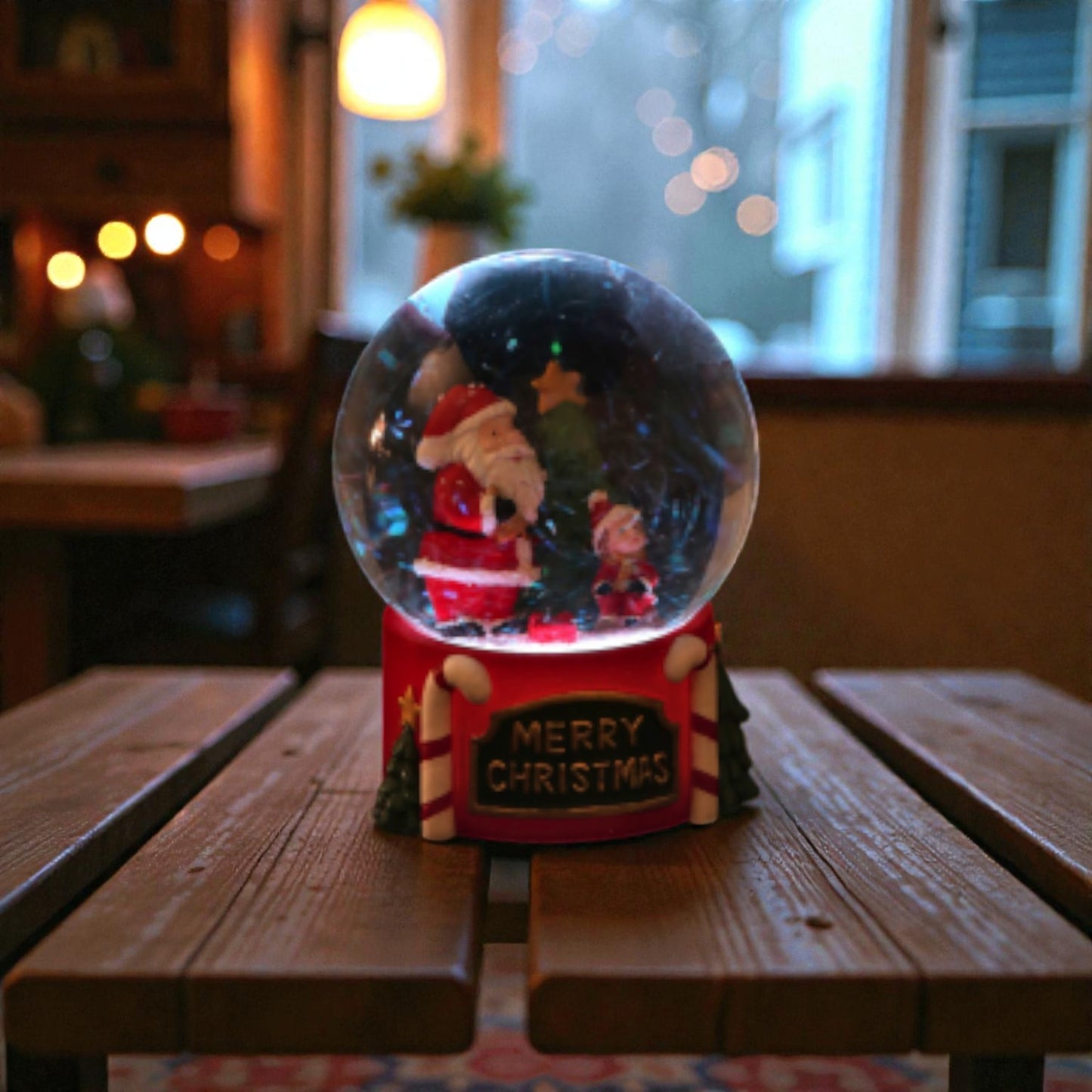 Palla di neve con babbo natale e base in resina a LED, ambientata in una casa accogliente.