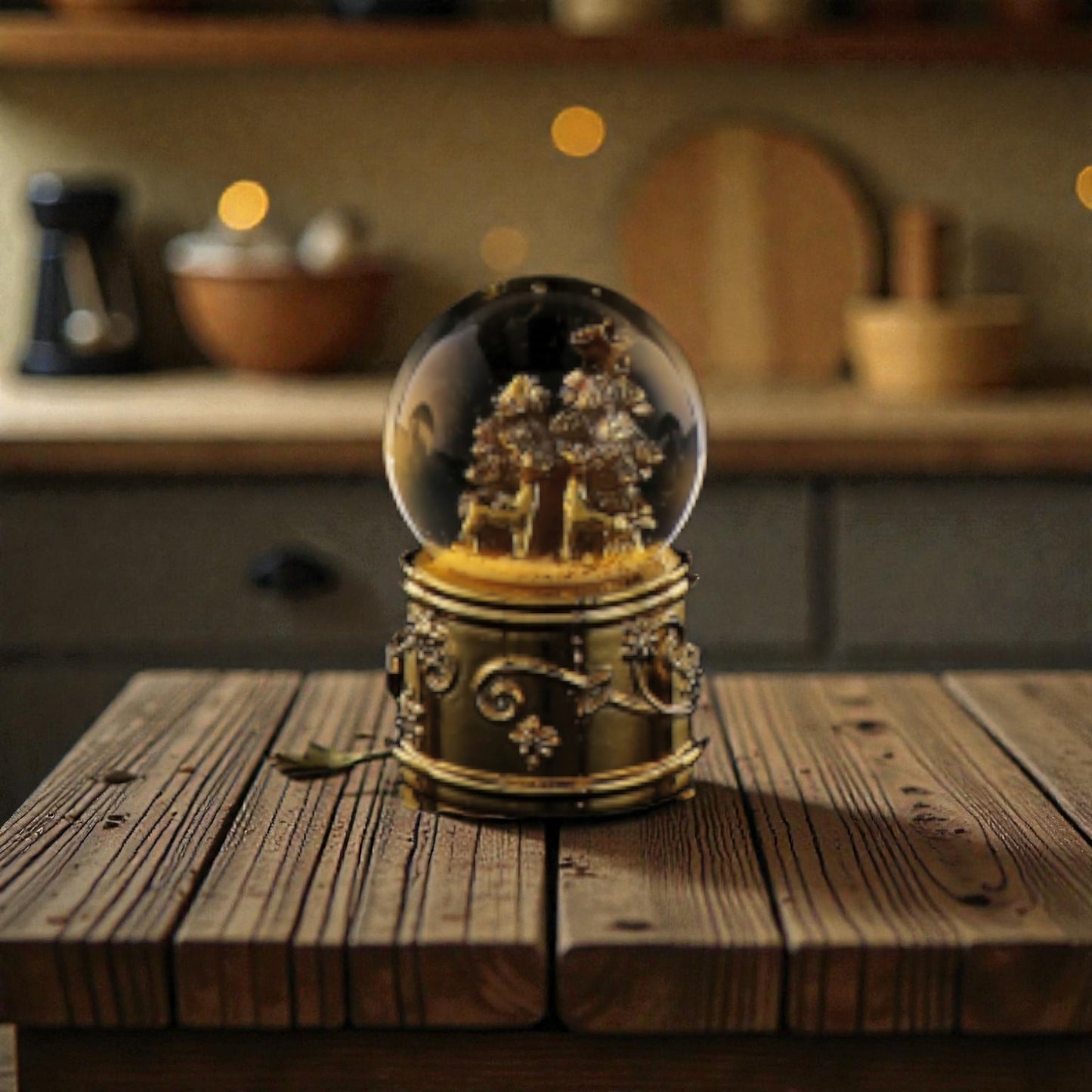 Palla di neve dorata con base in resina e carion, ambientata in una casa accogliente.