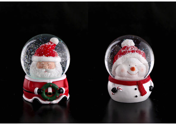 Palla di neve con babbo natale e pupazzo di neve e base in resina a LED, con sfondo nero