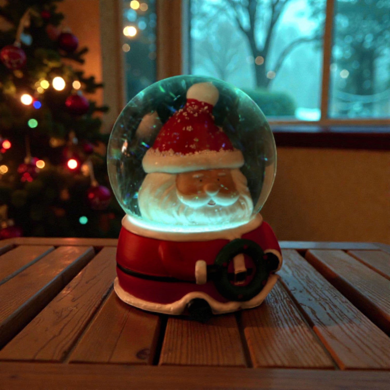 Palla di Neve con babbo natale. La testa di babbo natale è dentro la Palla di neve e il corpo è la base in resina della sfera. Ambientati con sfondo natalizio in una casa accogliente. Base con luce a led.