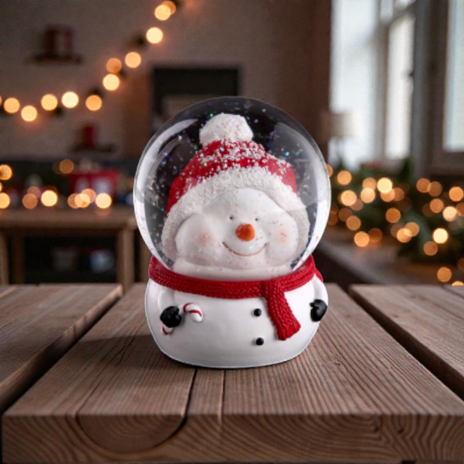 Palla di Neve con pupazzo di neve. La testa del pupazzo di neve è dentro la Palla di neve e il corpo è la base in resina della sfera. Ambientati con sfondo natalizio in una casa accogliente.