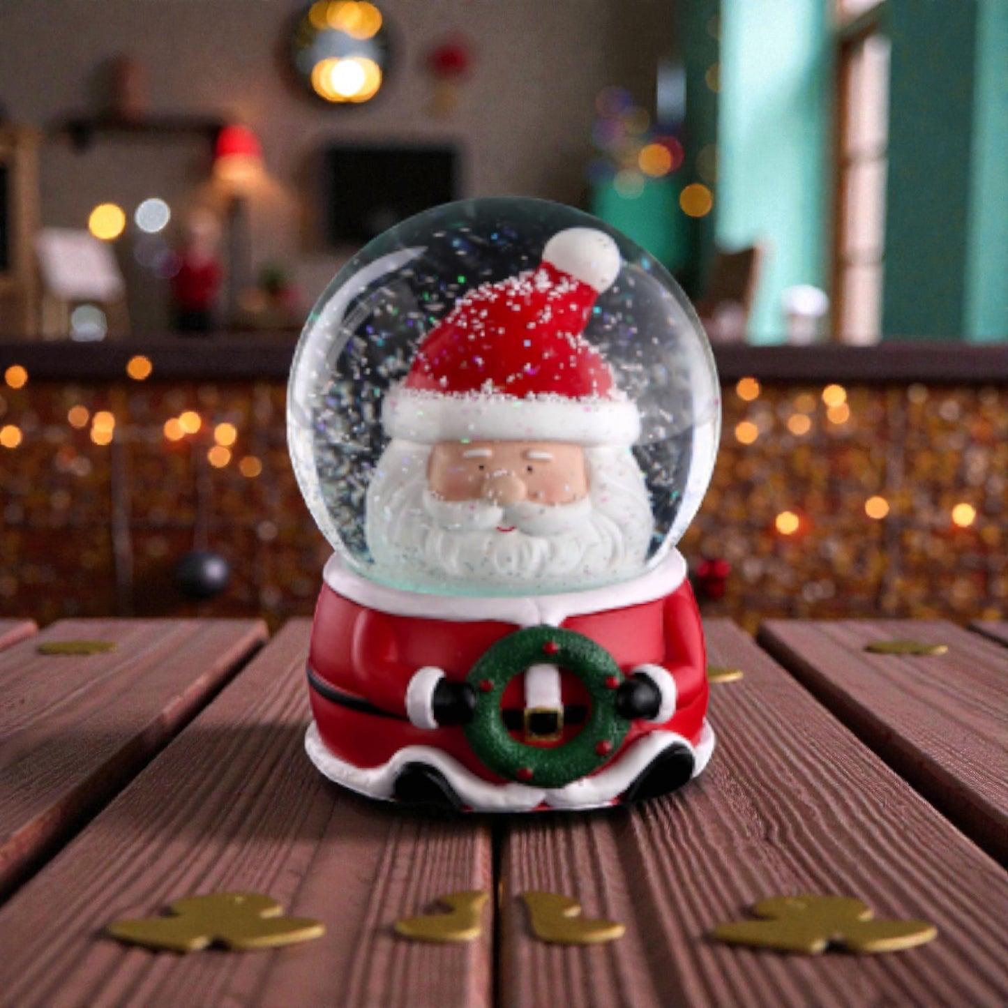 Palla di Neve con babbo natale. La testa di babbo natale è dentro la Palla di neve e il corpo è la base in resina della sfera. Ambientati con sfondo natalizio in una casa accogliente.