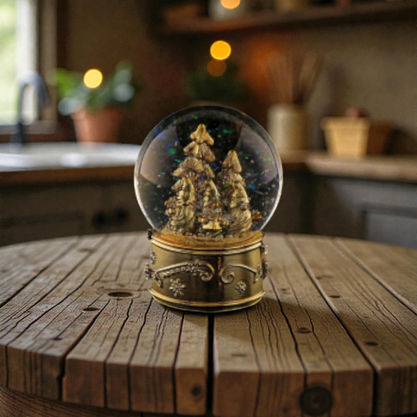 Palla di neve dorata con base in resina e carion, ambientata in una casa accogliente.