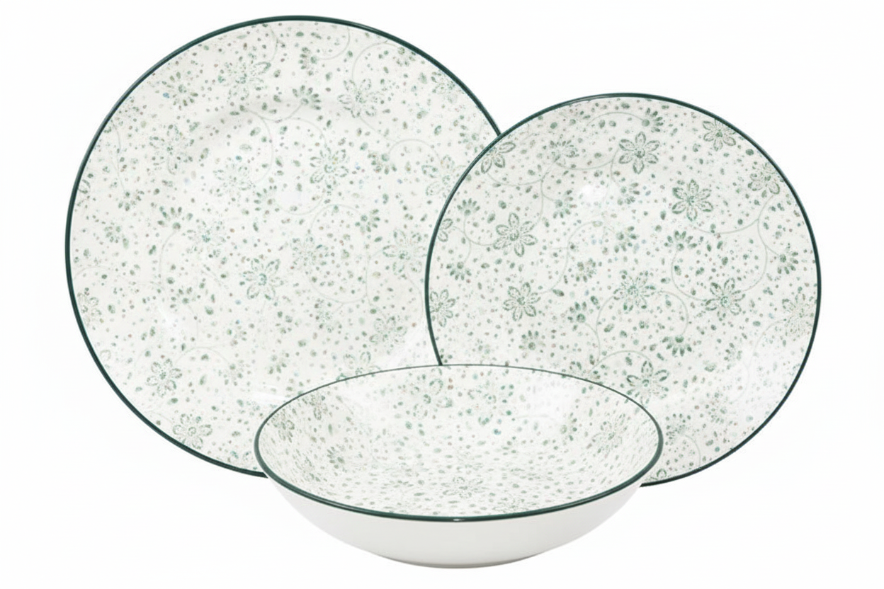 Servizio piatti Sirmione Verde 18 pezzi in porcellana | Set tavola floreale