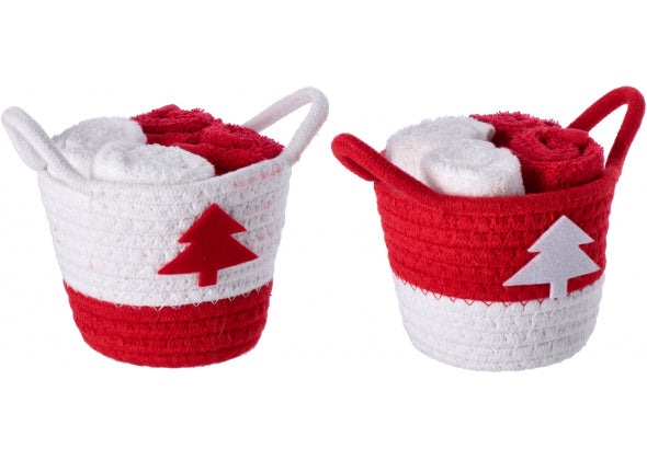 Set 4 Salviette in Cotone con Cestino in Tessuto – 2 Colori Assortiti